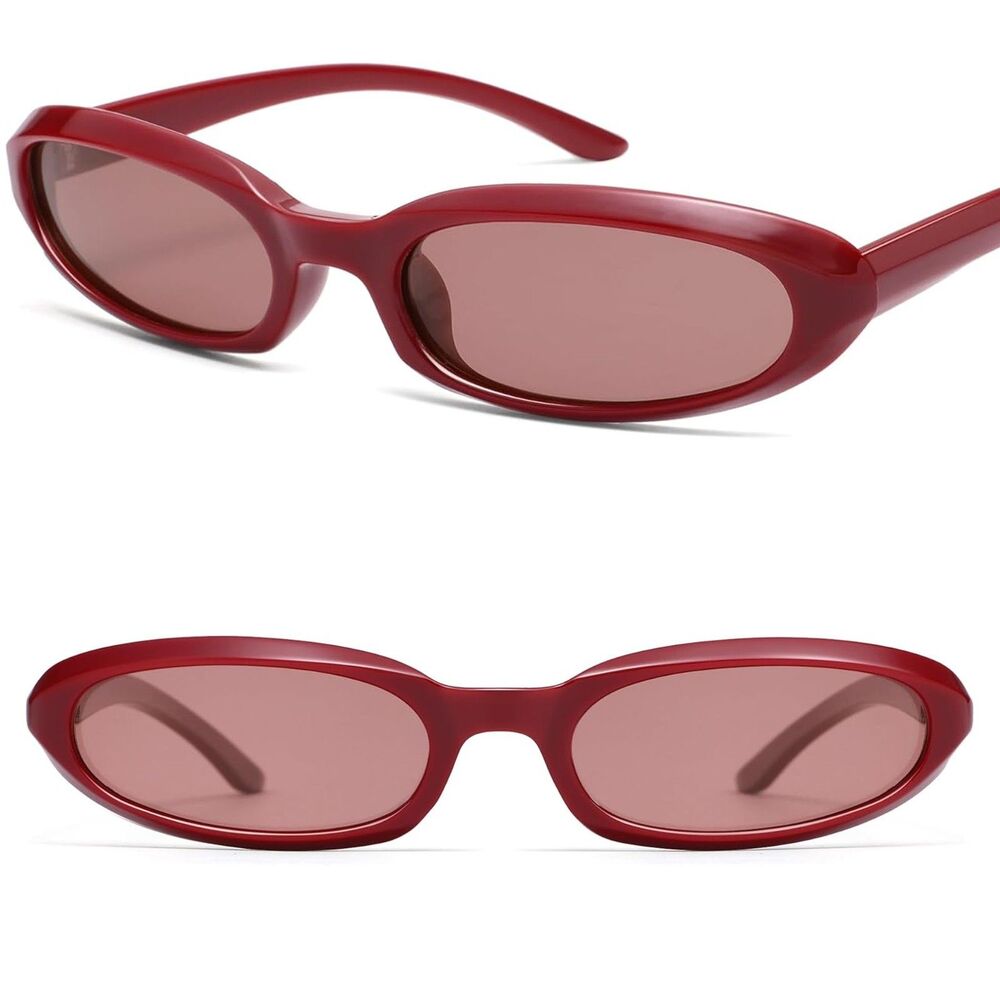 Women's Red Narrow Oval Cat Eye Polarized Retro 90s Chic Fashion Sunglasses